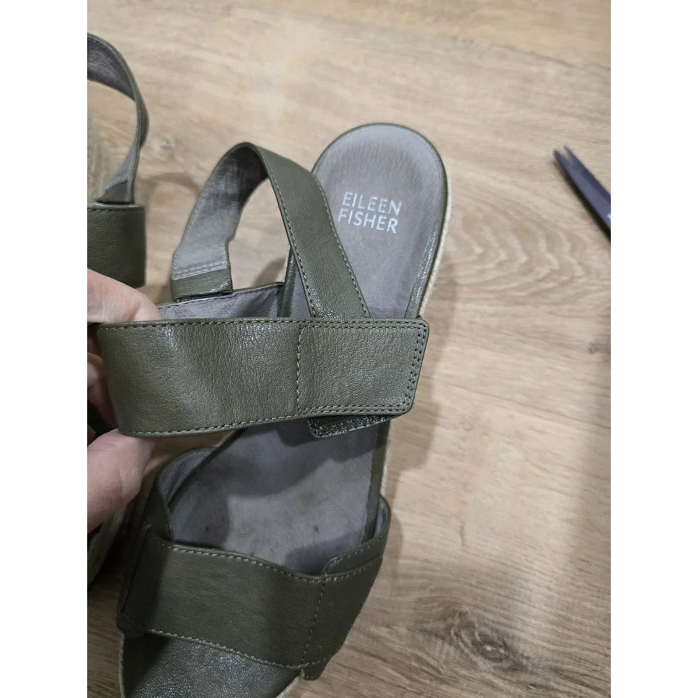 EILEEN FISHER Women's Size 8‎ Olive Green Leather Espadrille Wedge Sandals
